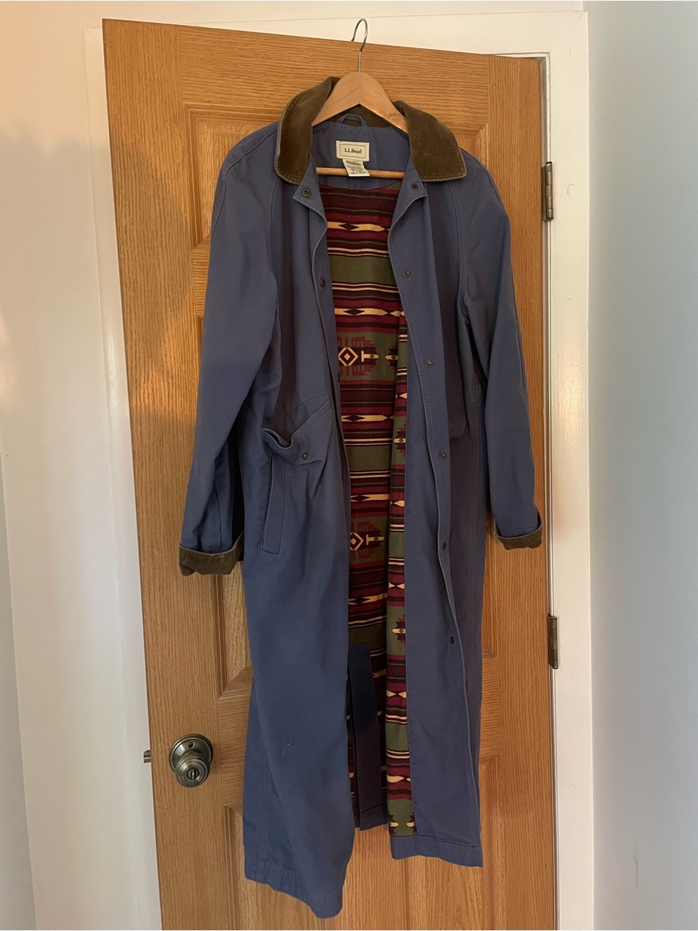 L.L. Bean Blue Canvas Trench with Brown Corduroy Collar - Picture 1 of 5